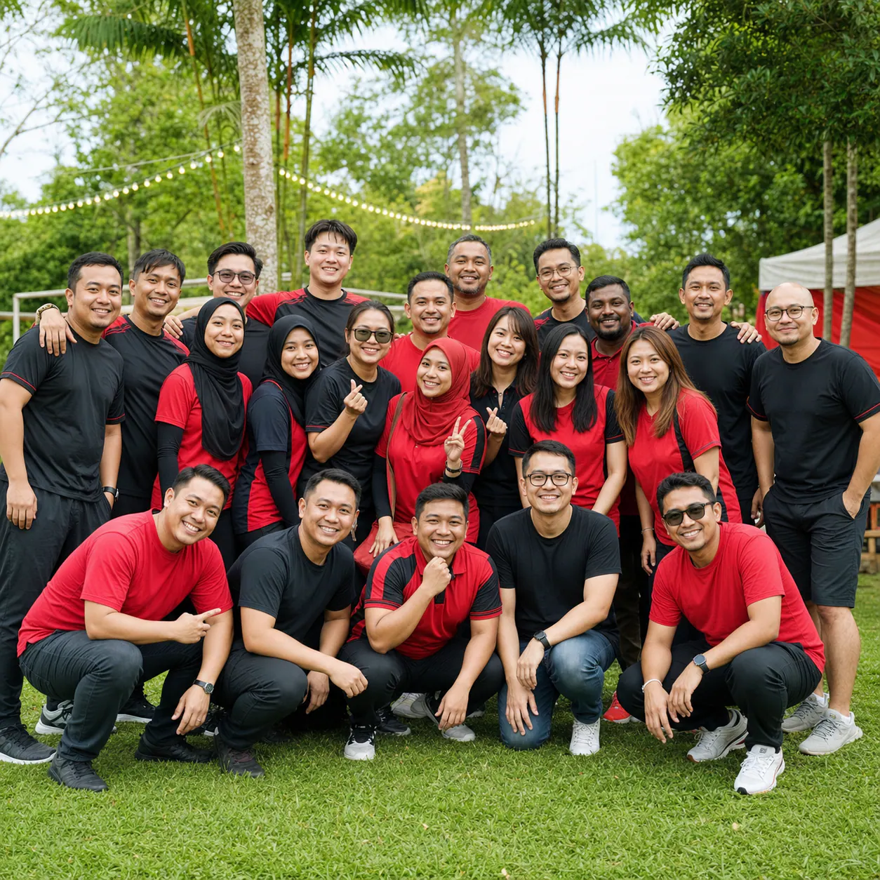Malaysian corporate group in coordinated red and black shirts
