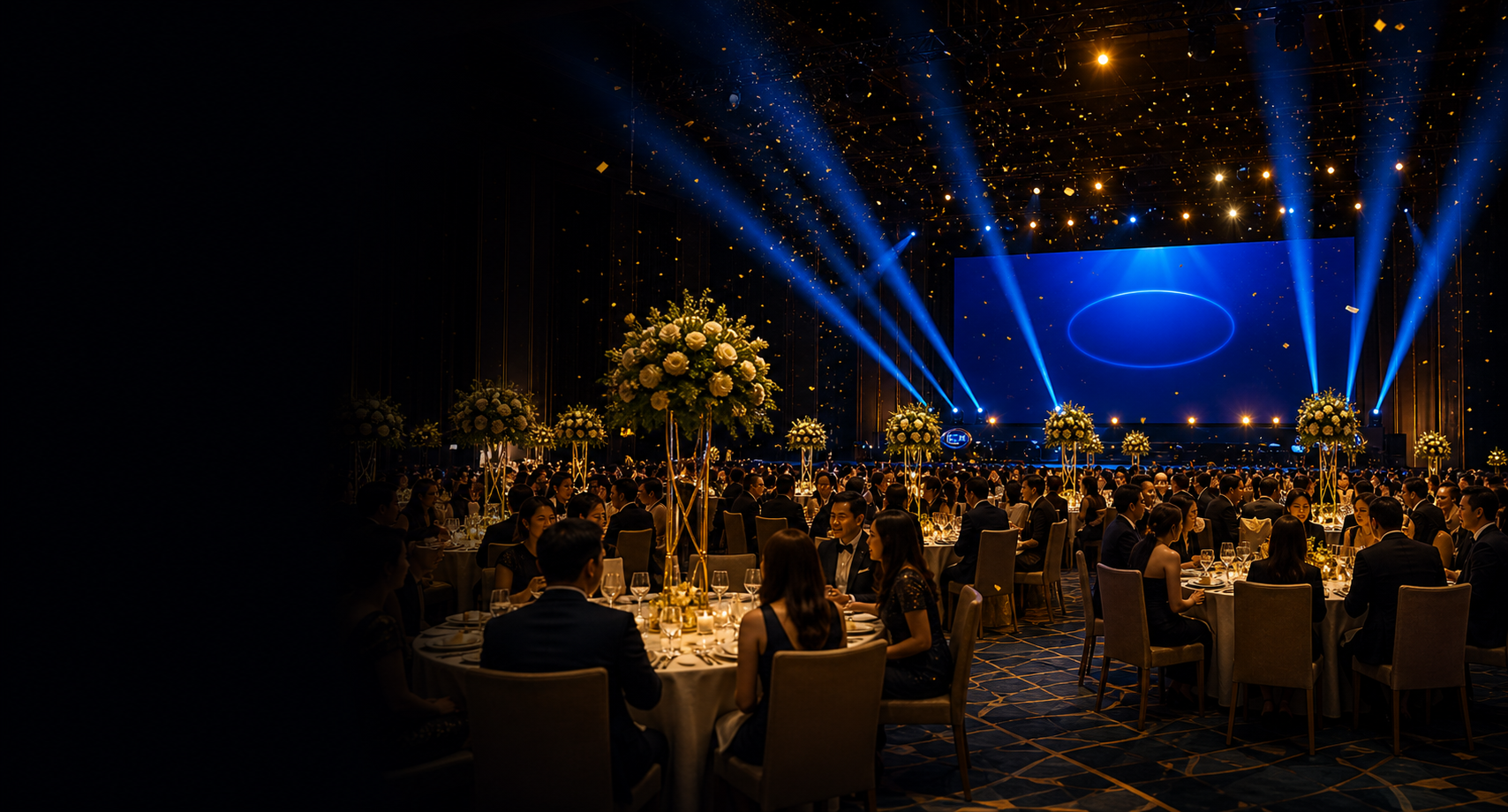 Luxury corporate gala dinner in a grand ballroom