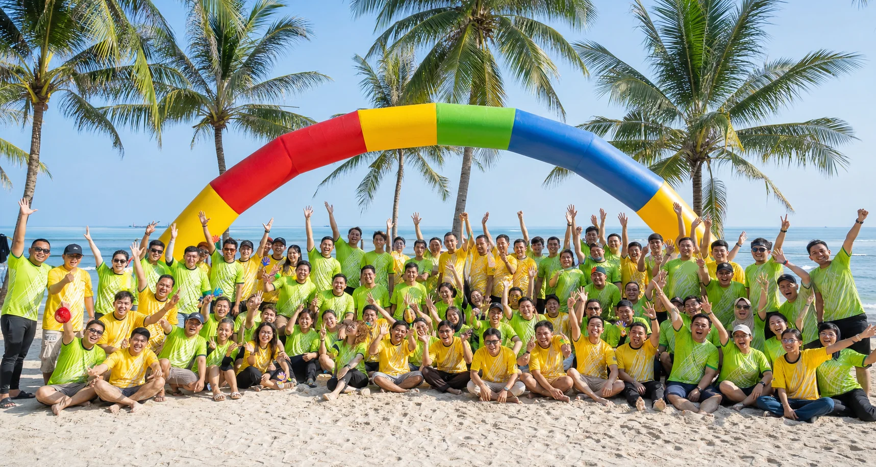 Green and yellow team celebrating beneath a beach event arch
