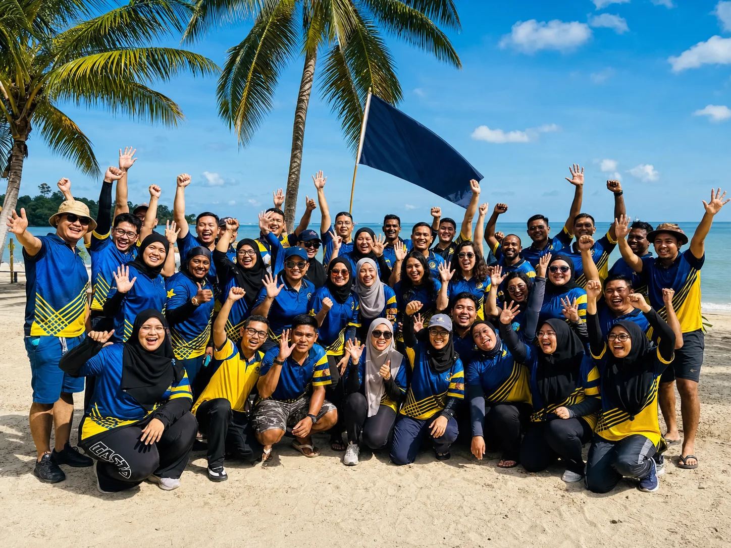 Red team celebrating together on a tropical beach