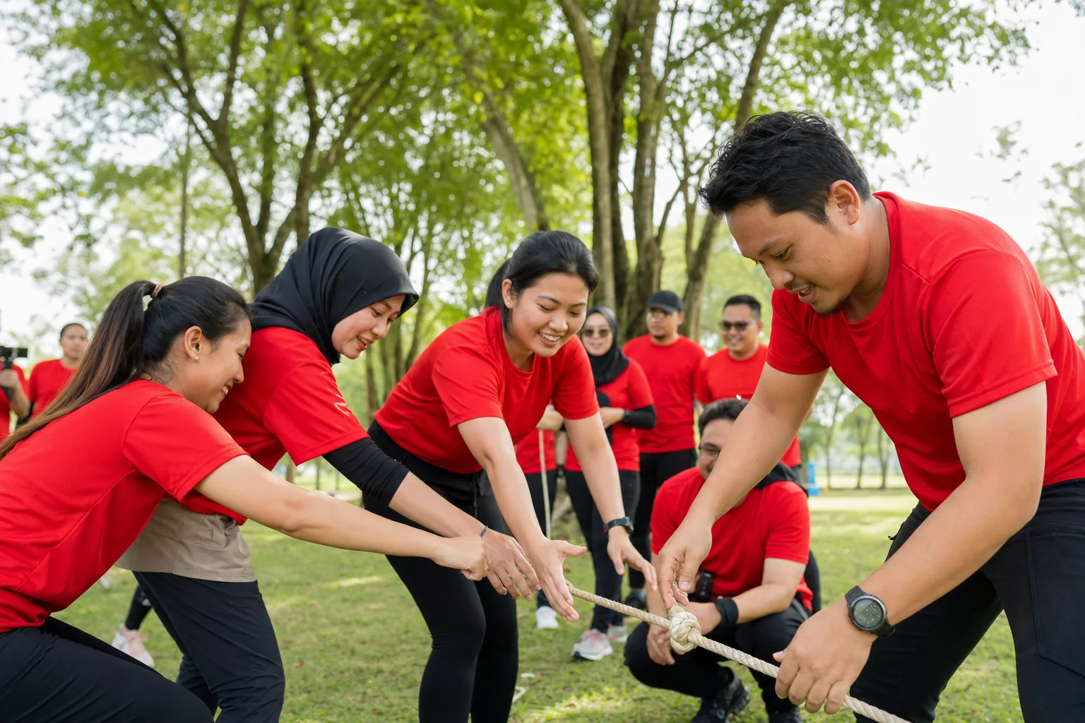 Red team completing an outdoor rope activity