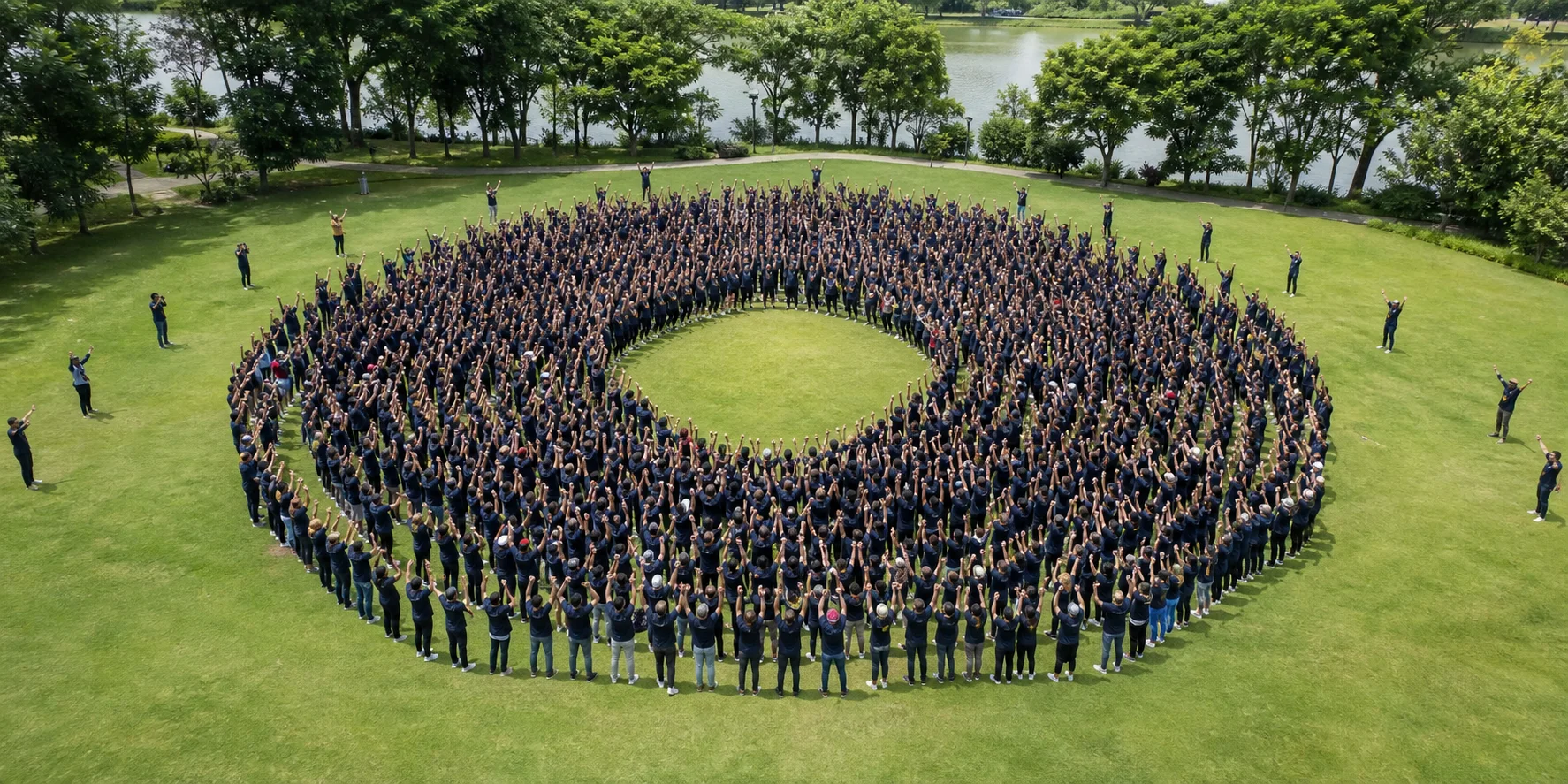 Aerial view of hundreds of event participants in a formation