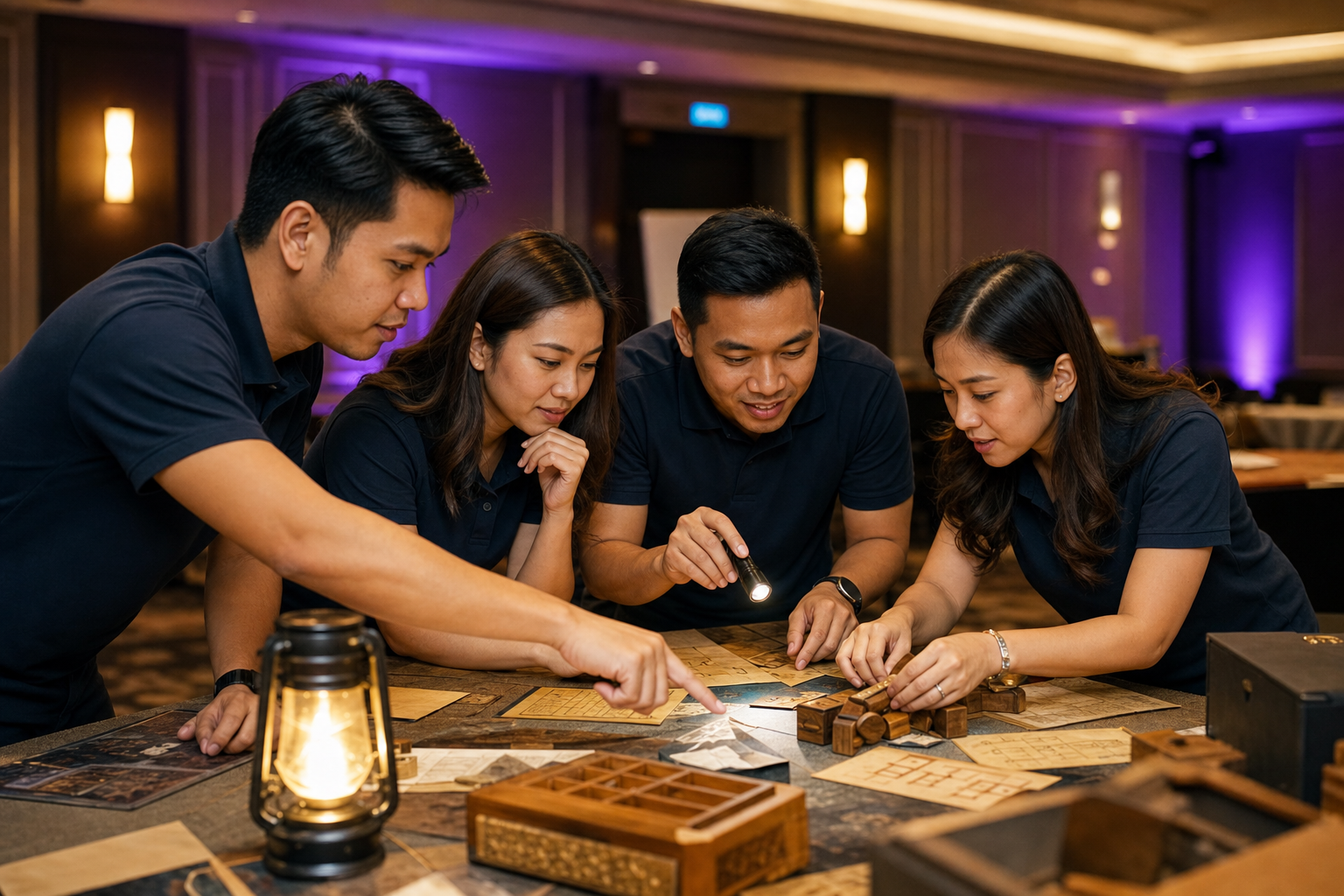 Corporate team solving clues during an indoor escape room challenge