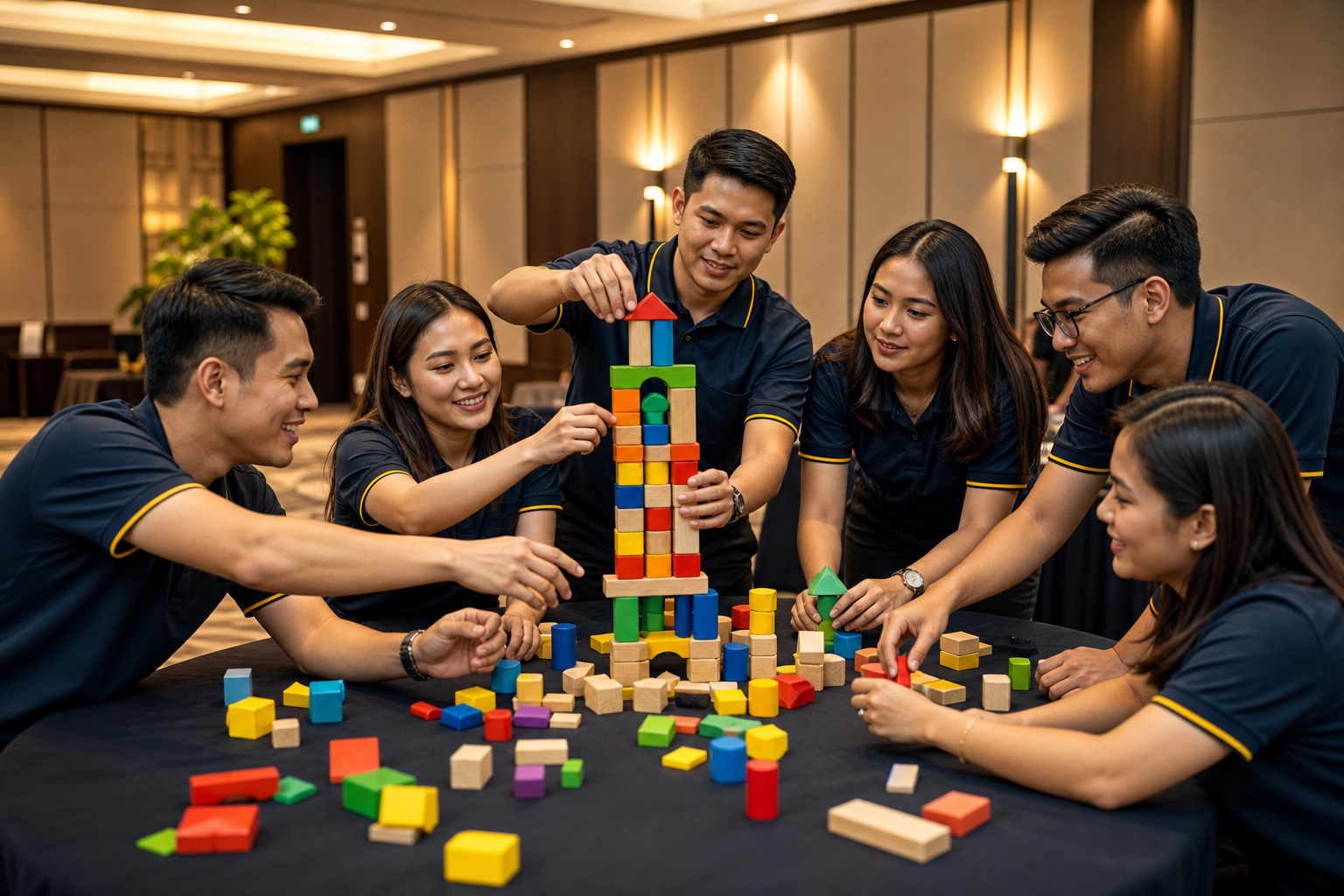 Corporate team building a tower from colorful blocks