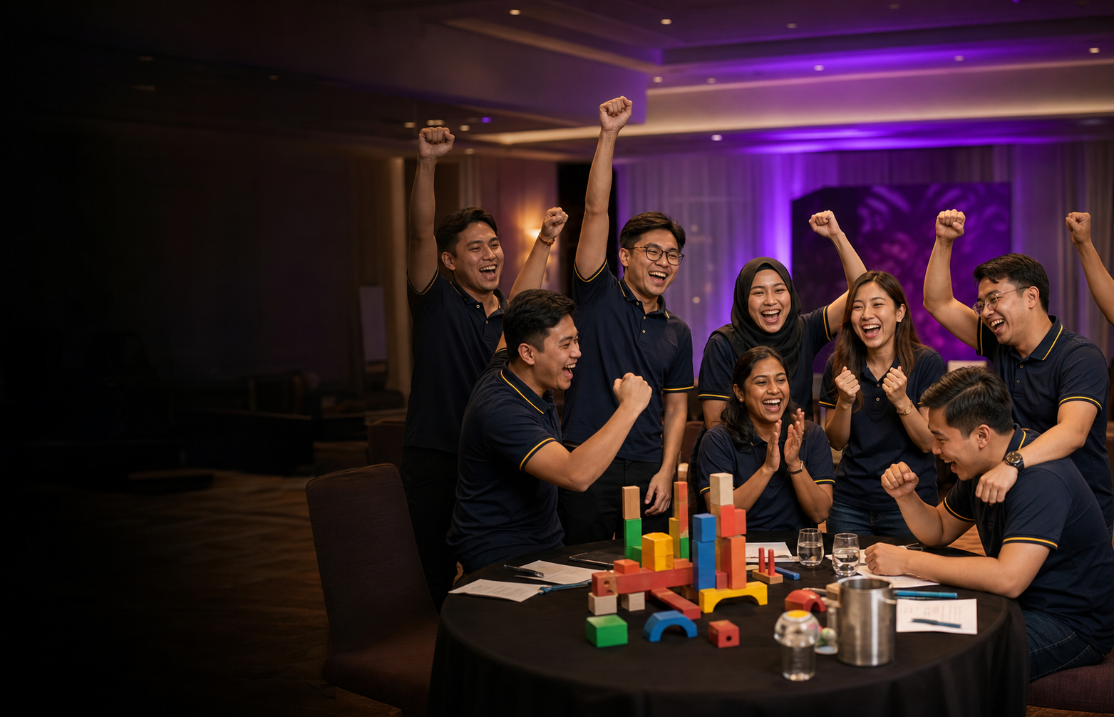 Indoor corporate team celebrating a successful activity