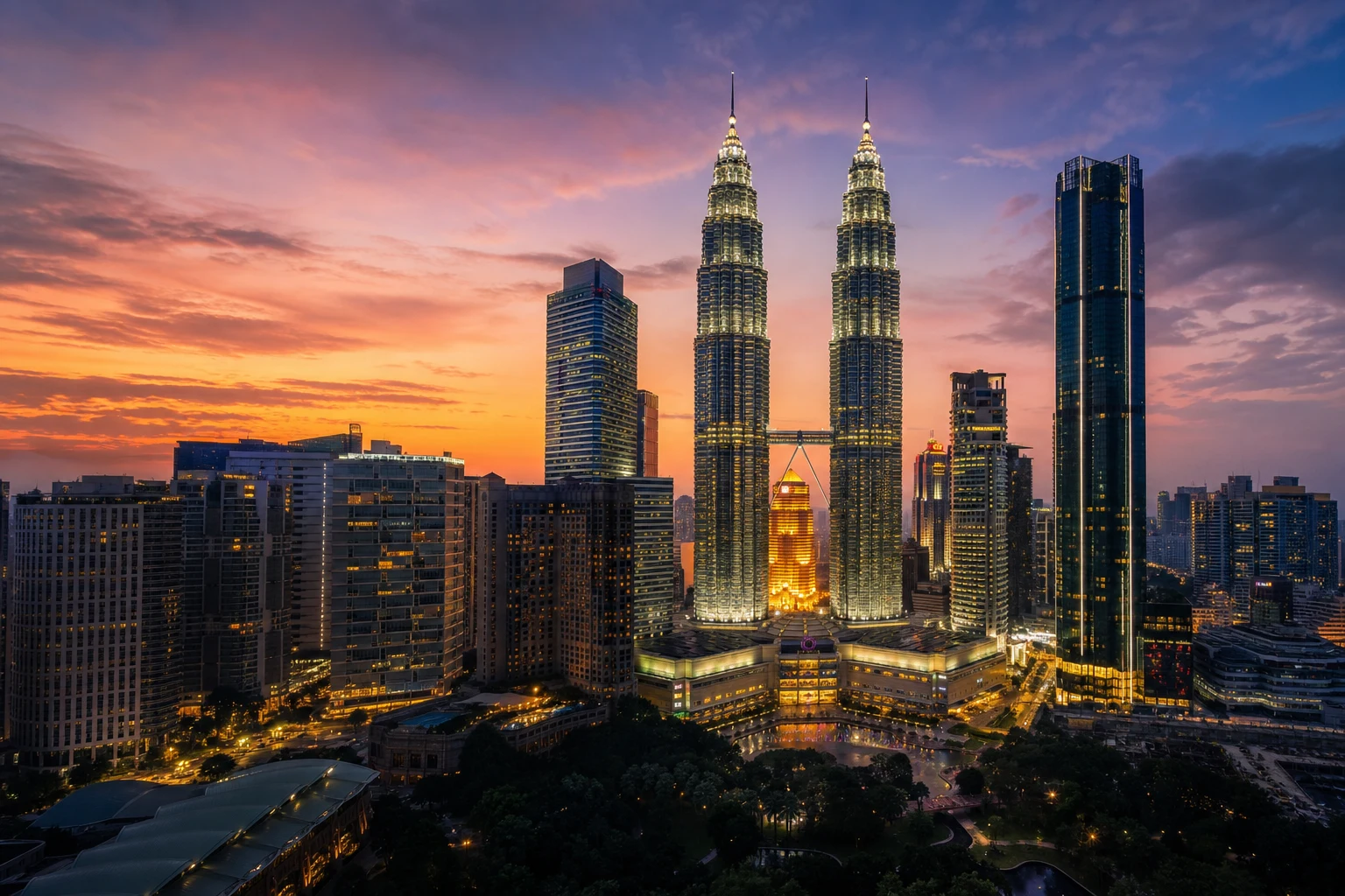 Petronas Twin Towers in Kuala Lumpur at sunset