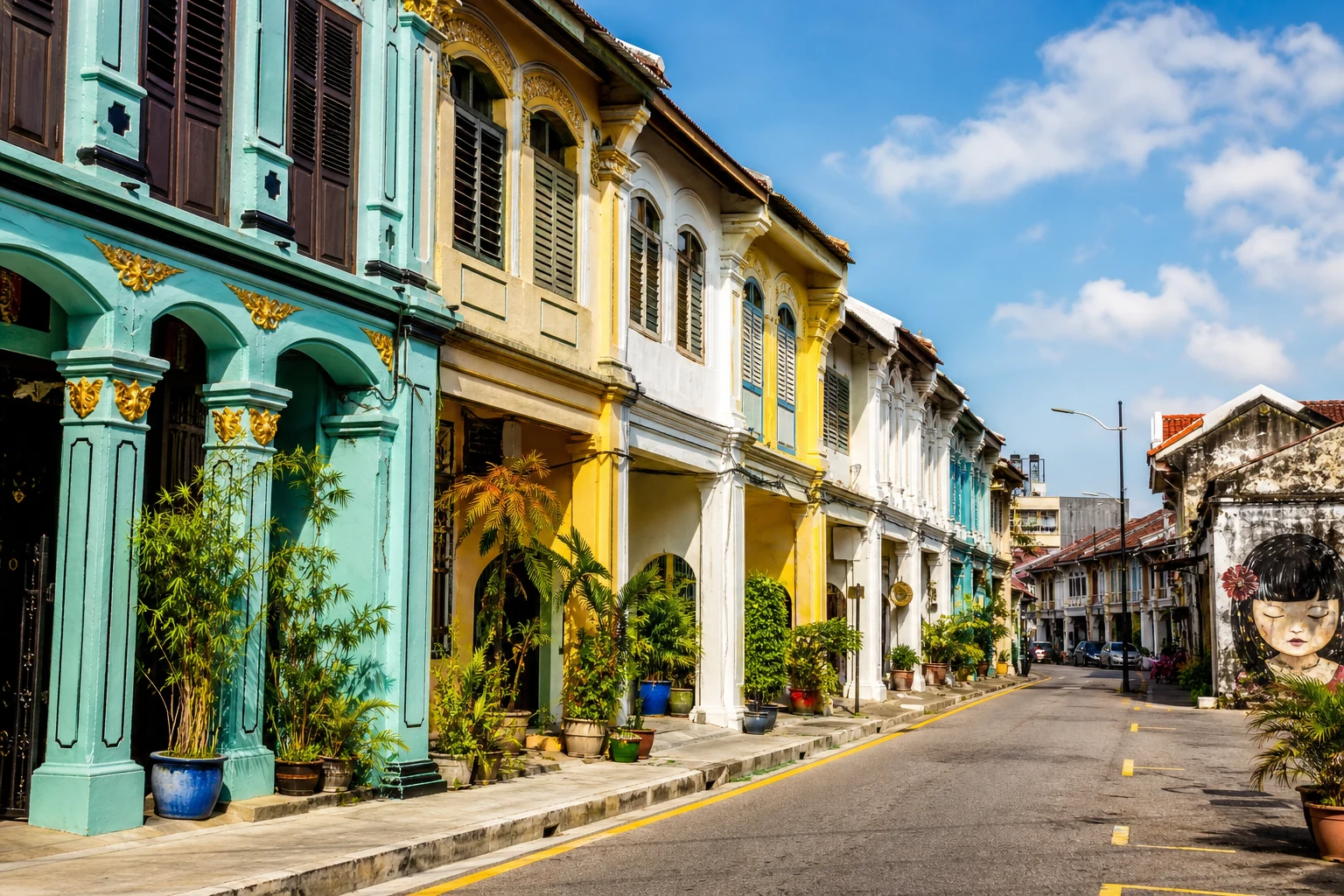 Colorful heritage shophouses in George Town Penang