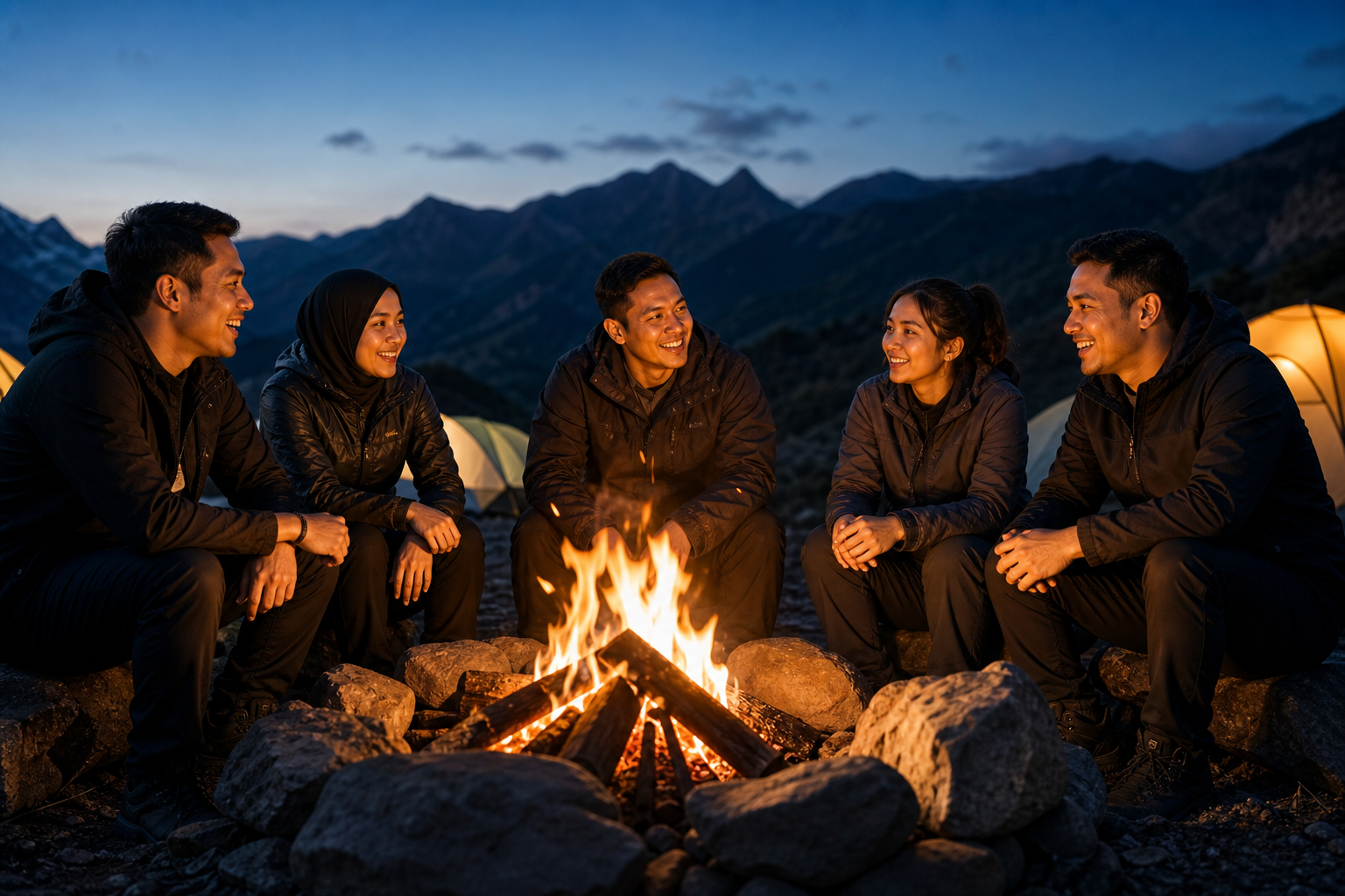 Southeast Asian corporate group bonding around a mountain campfire