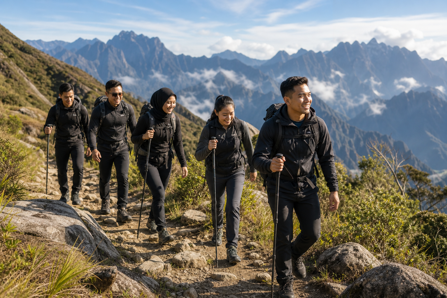 Southeast Asian corporate group hiking on a scenic mountain trail