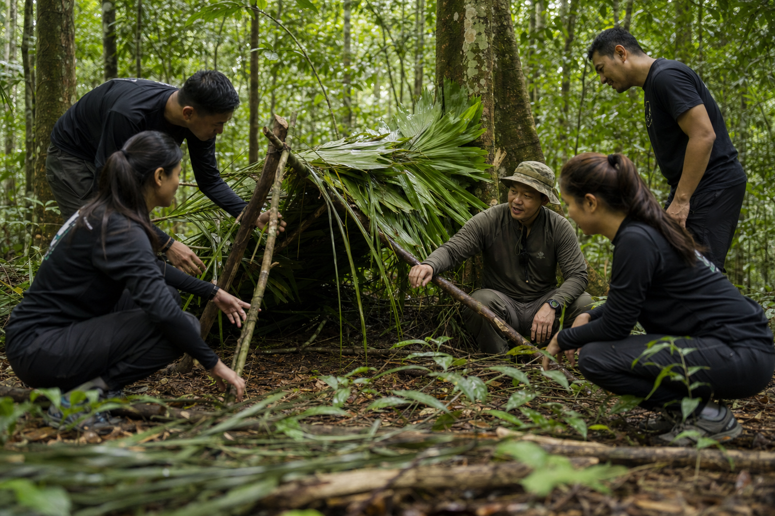 Southeast Asian corporate team learning jungle shelter skills