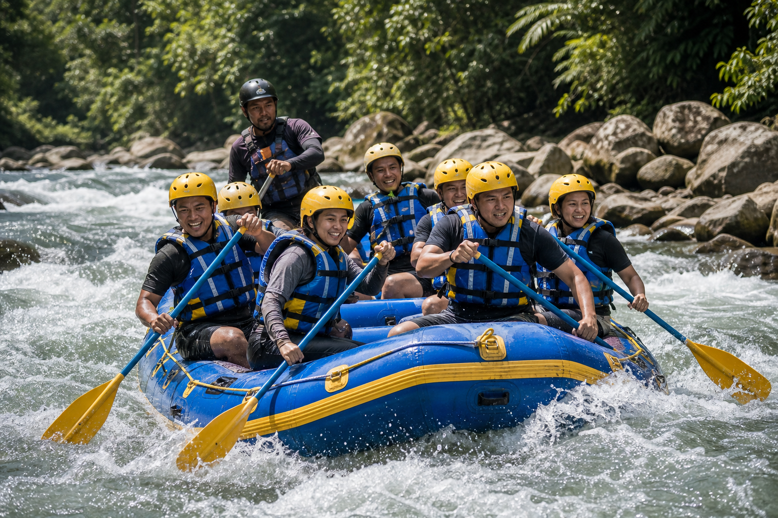 Southeast Asian adventure team rafting through tropical rapids