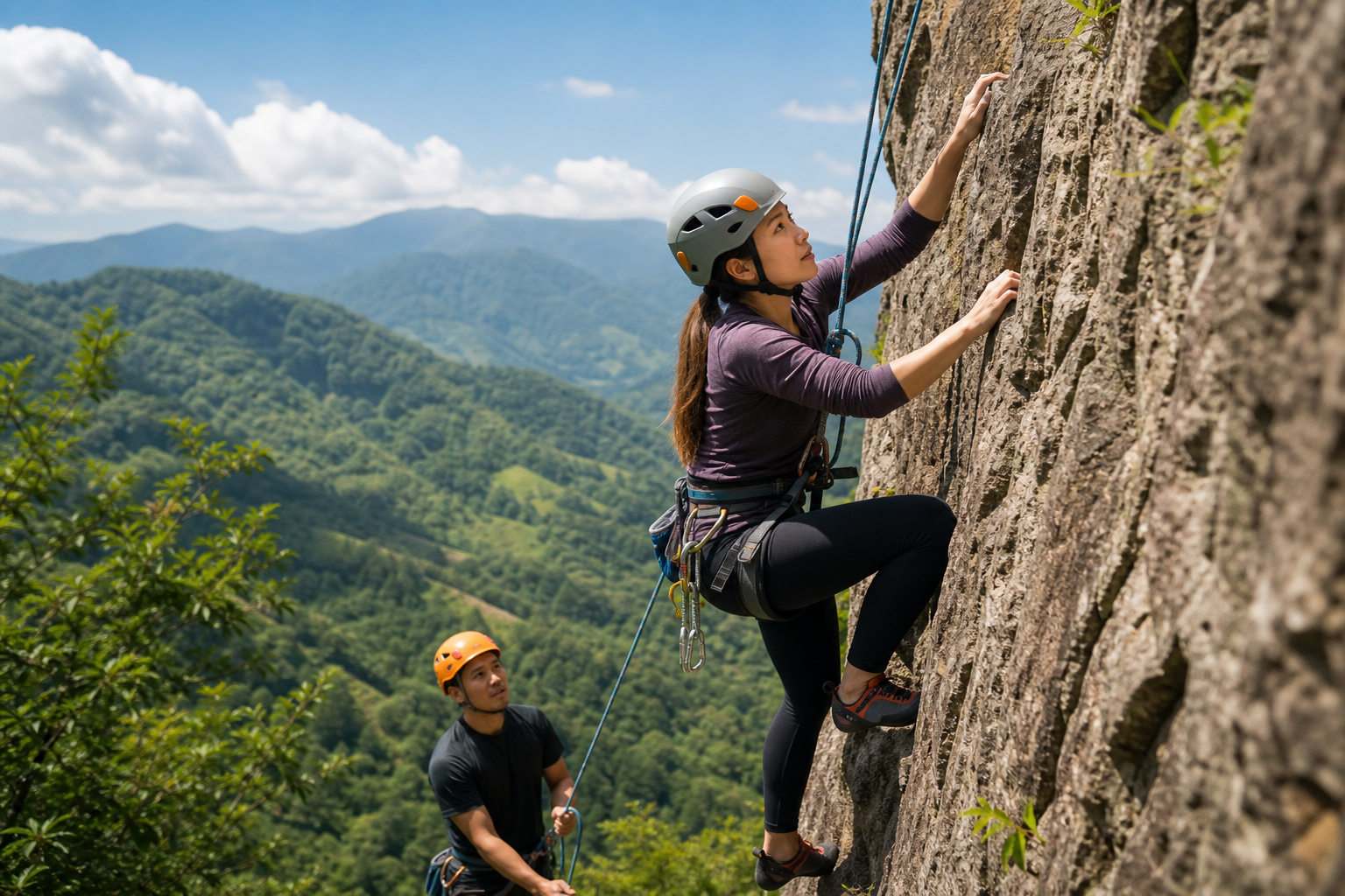 Climber using safe equipment on a natural mountain rock wall