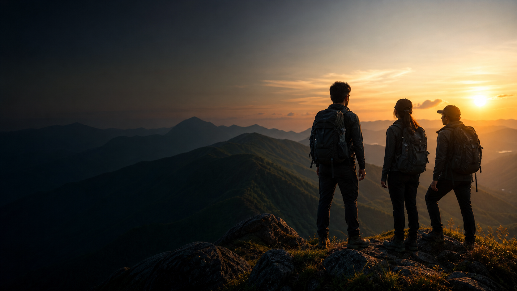Adventurers watching the sunset from a mountain ridge