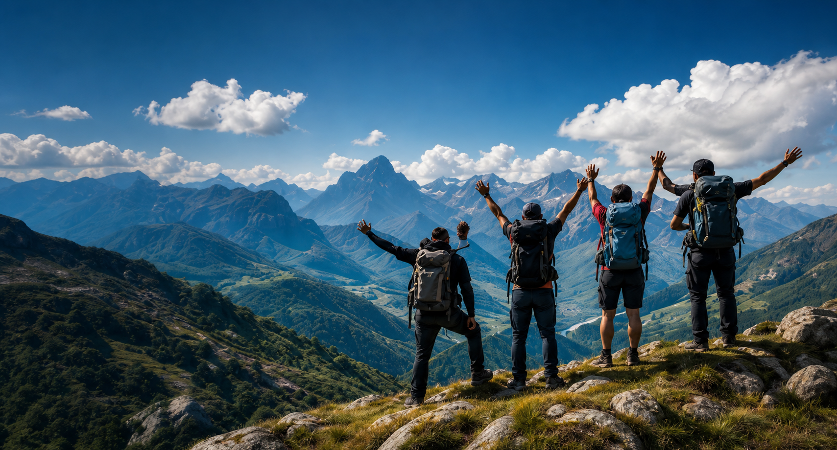 Southeast Asian corporate adventurers celebrating at a mountain viewpoint