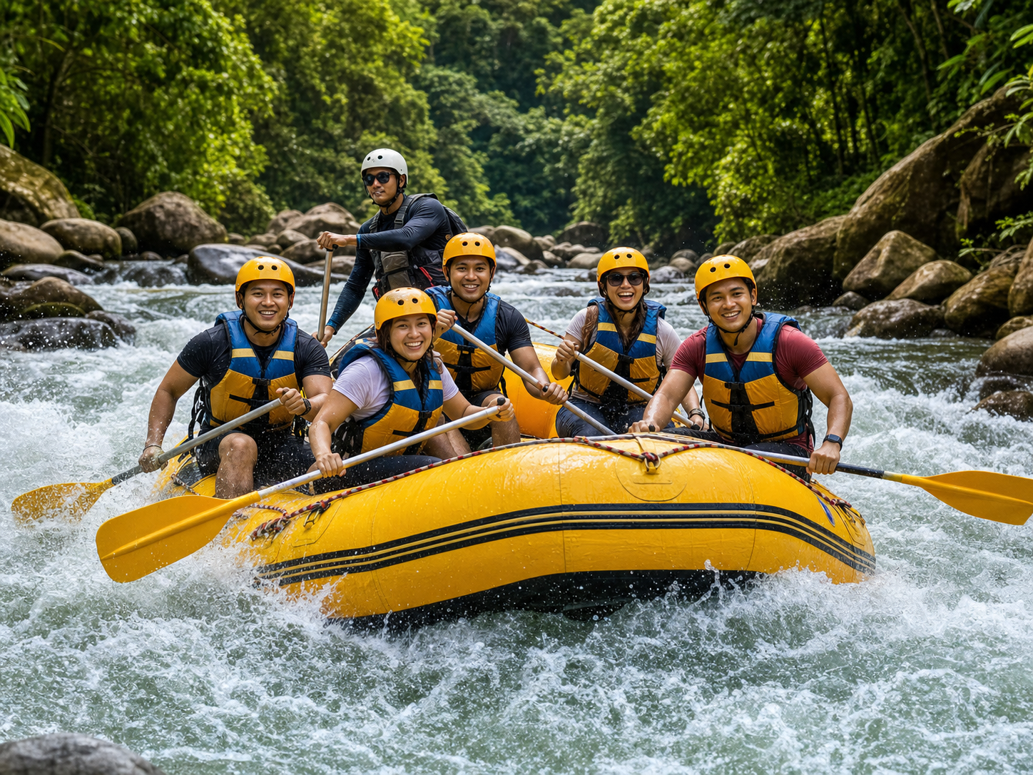 Southeast Asian corporate adventure team rafting through a tropical river