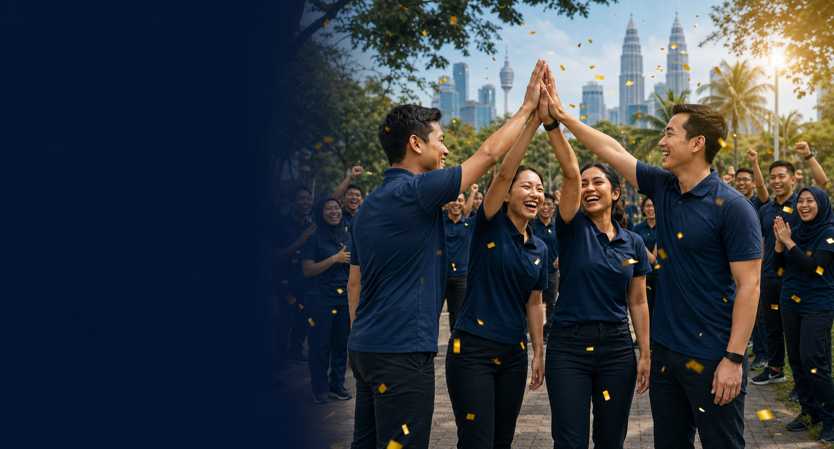 Malaysian corporate team celebrating with a high-five