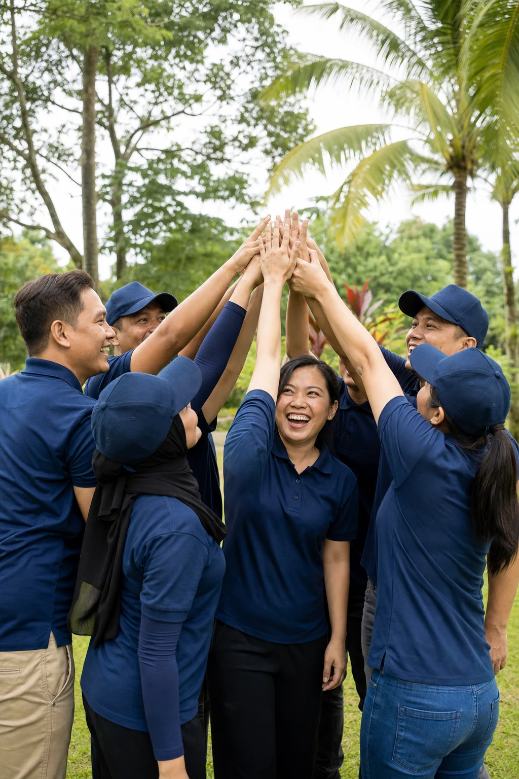 Navy-shirt corporate team joining hands in a park