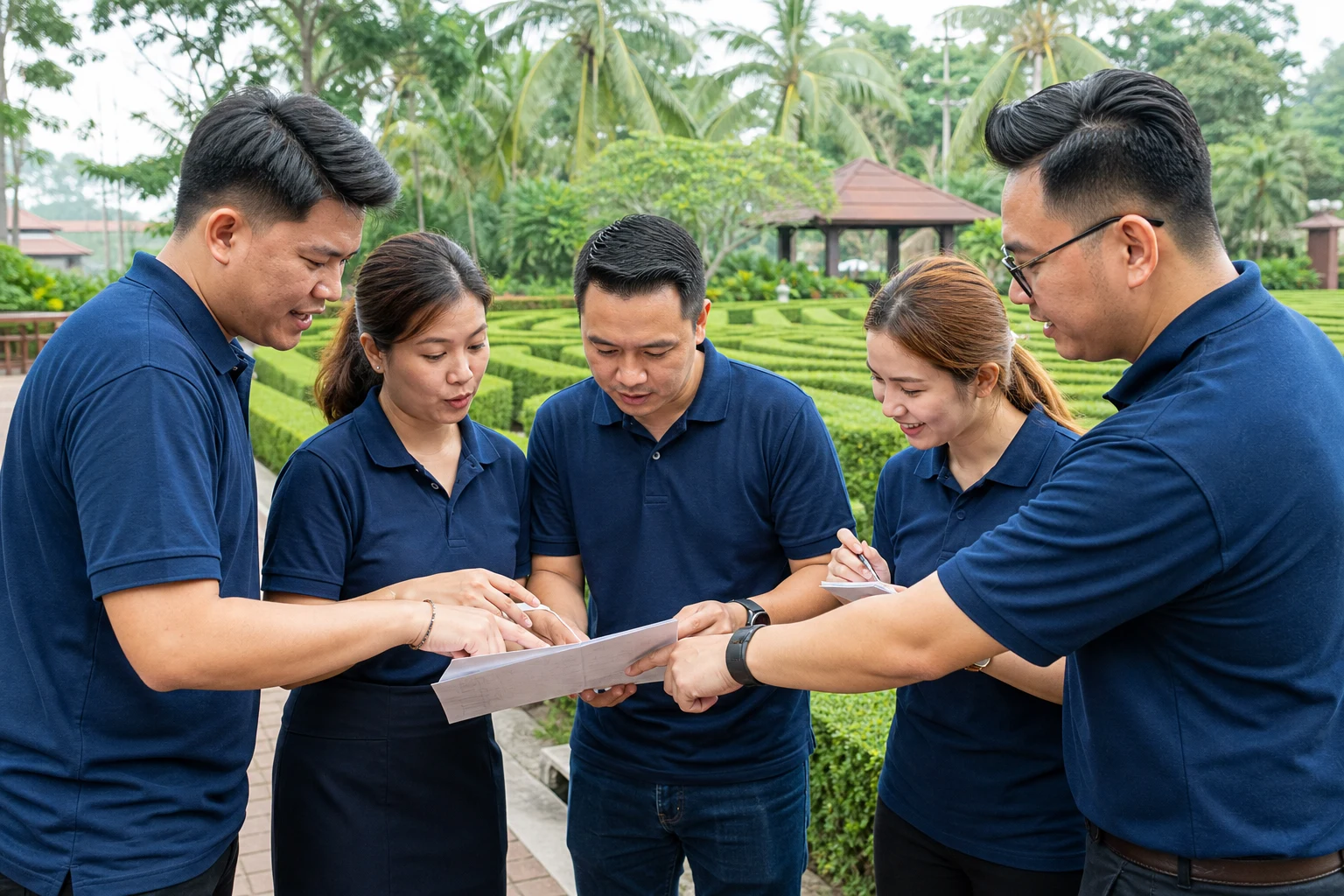 Team solving clues beside a garden maze