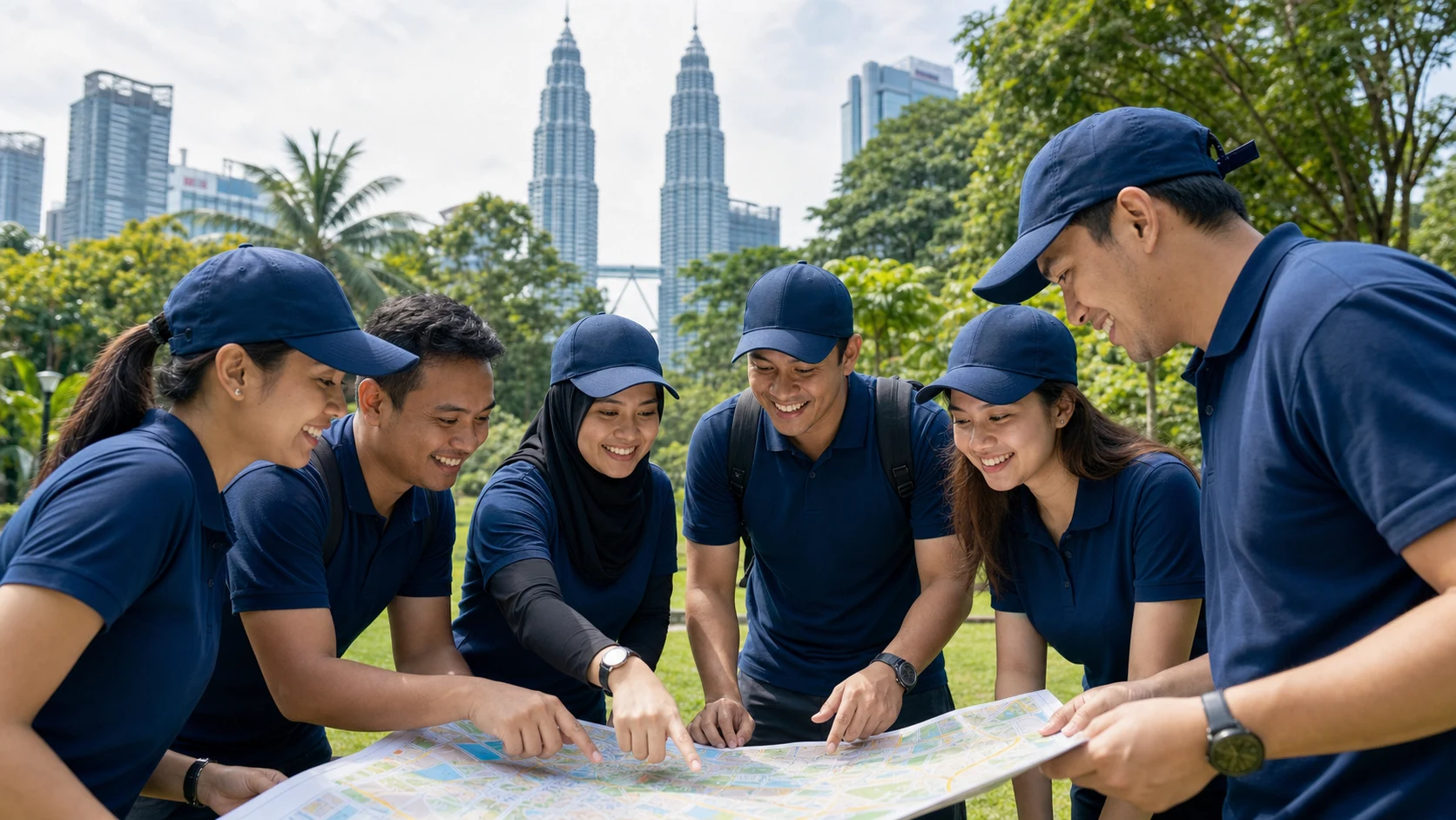 Corporate treasure hunt team studying a city map in Kuala Lumpur