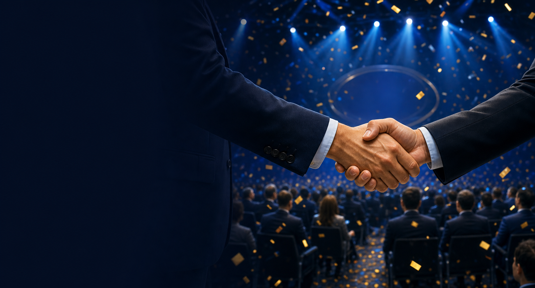 Two business professionals shaking hands at a corporate event